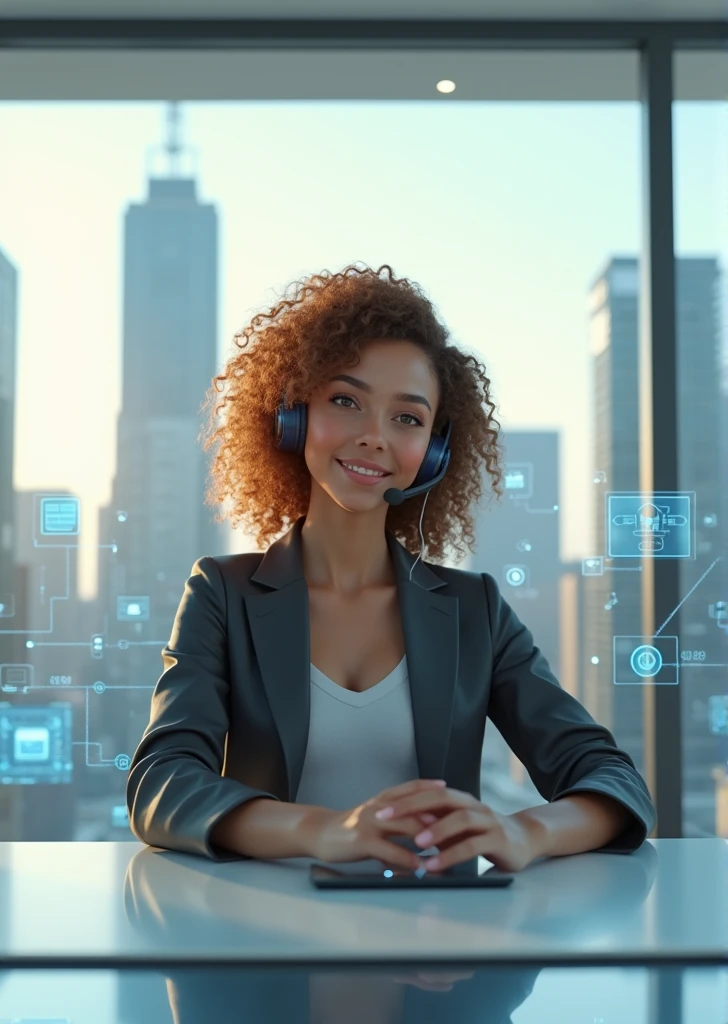 Create an image of a young woman resembling Andy Allo, working as a customer service representative in a futuristic setting. She has medium-length, curly hair with a golden brown hue and a warm skin tone. She is wearing a casual yet professional outfit, like a fitted jacket over a simple blouse. The setting around her is a high-tech office space with holographic screens and digital interfaces floating around her. She is seated at a sleek desk with a headset on, and her expression is focused yet approachable, capturing the charm and elegance similar to Andy Allo. The background features large windows showing a cityscape with tall buildings and a bright, clear sky.