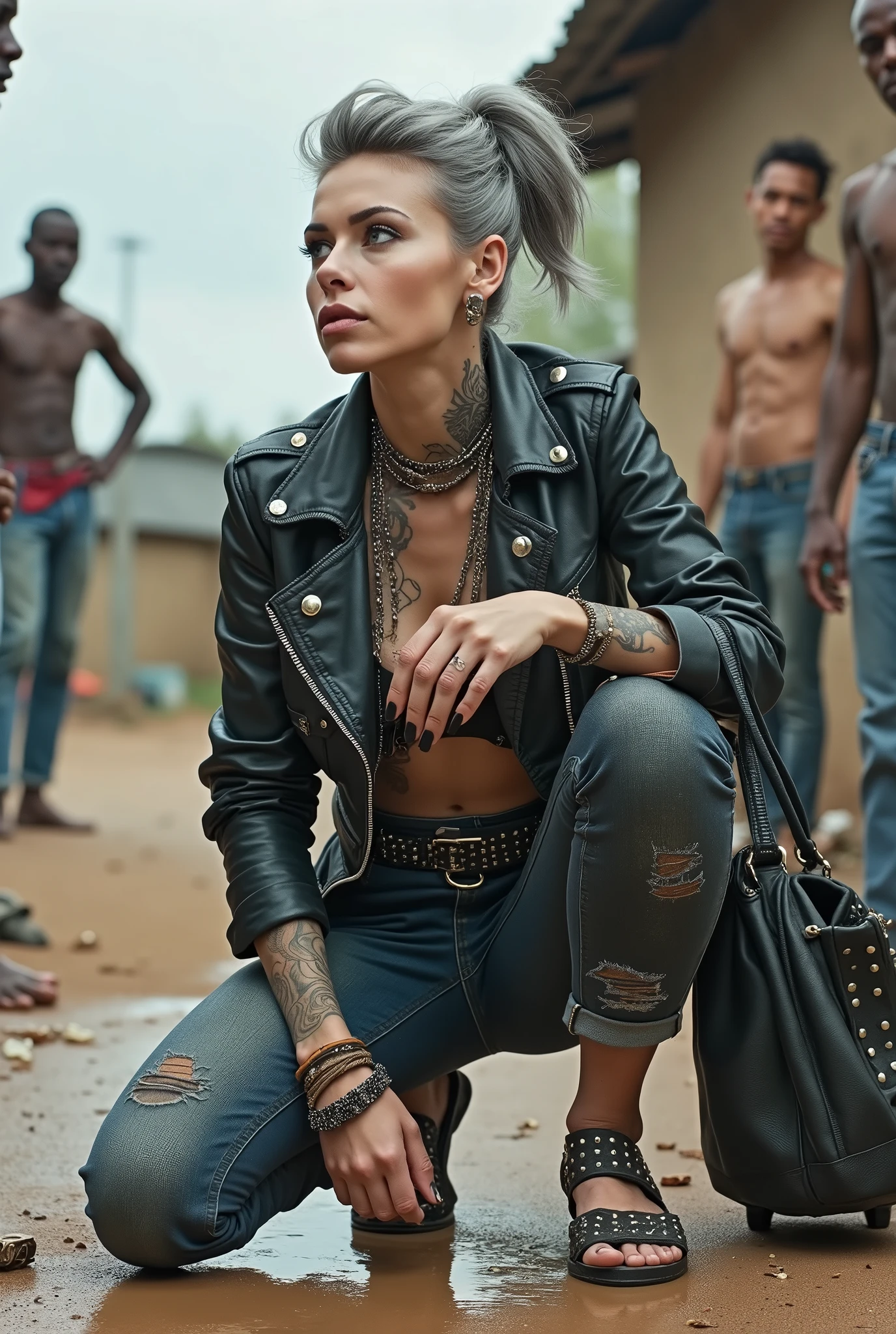 russian milf woman, grey hair (top bun, shaved sides), colourful bandana as headband, with very light blue eyes, extremely pale skin. Wearing tight cropped aged black moto jacket studded collar) with lots of zippers and pins, flipped up collar. Worn skinny dark blue jeans with patches, wet knees. Barefoot, with bracelets around ankles. Chain around hips like belts. Dirty knees, dirty feet and muddy hands. Wide studded belt. Lots of metallic bracelets, lots of boho pendants and lots of colourful beads collars. Long huge boho. Chains around the hips. Squatting on a puddle with hands on her hips, looking up, chin up, stretching her neck , humble facial expression. Bracelets in ankles and rings in fingers. Black nail polish. studded black leather tote bag with chain on the floor, next to her.. Listening looking up in amazement to somebody speaking to her from the sky, upper teeth visible. Well toned abdominals, thin neck, slim legs and thin arms. Narrow hips Cleavage, stomach, neck, tigh and hands completely covered with tattoos. Dirt street in Kenyan village full of waste. A lot of tanned shirtless fat men in jeans around looking at her. next to her, all her belongings scattered on the floor: tobacco packs, makeup kit, little makeup mirror, studded black leather tote bag, lipstick, wallet, moble etc on the floor