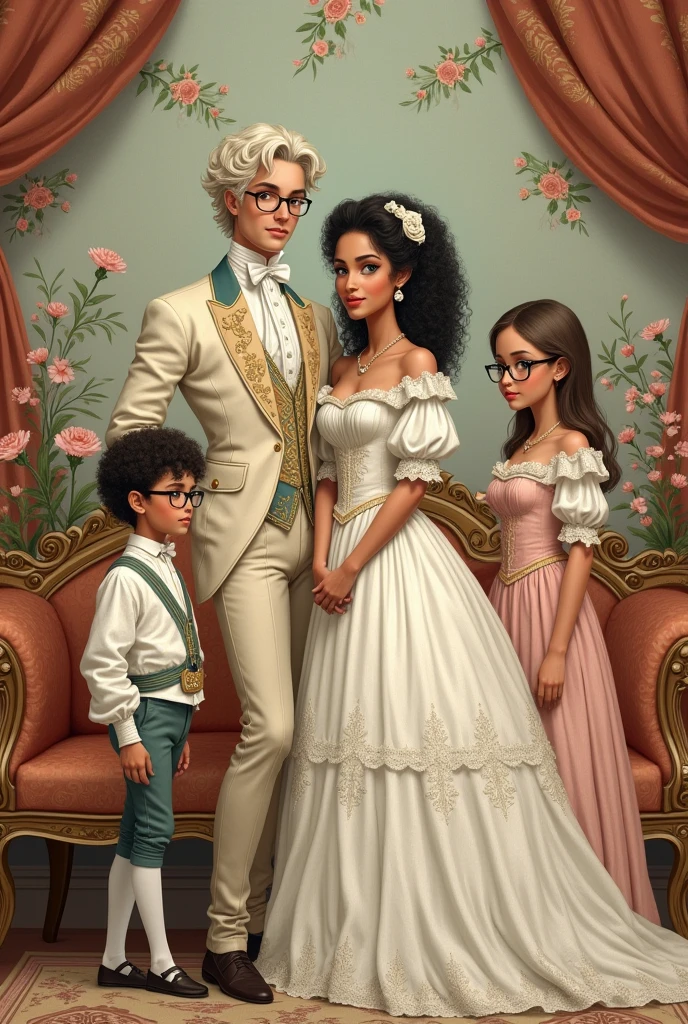 Rococo style illustration of a white couple, Black curly haired boy with glasses next to a straight haired girl with glasses