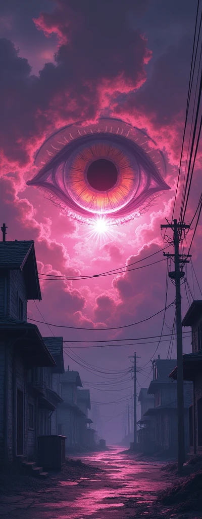 ((Best Quality)), ((masterpiece)), ((detailed)), ((High Definition)). A playful eye in the sky in anime style, emits an evil and supernatural energy. It&#39;s chilling, Proboca cosmic terror.  The lighting is poor, giving a terrifying atmosphere.