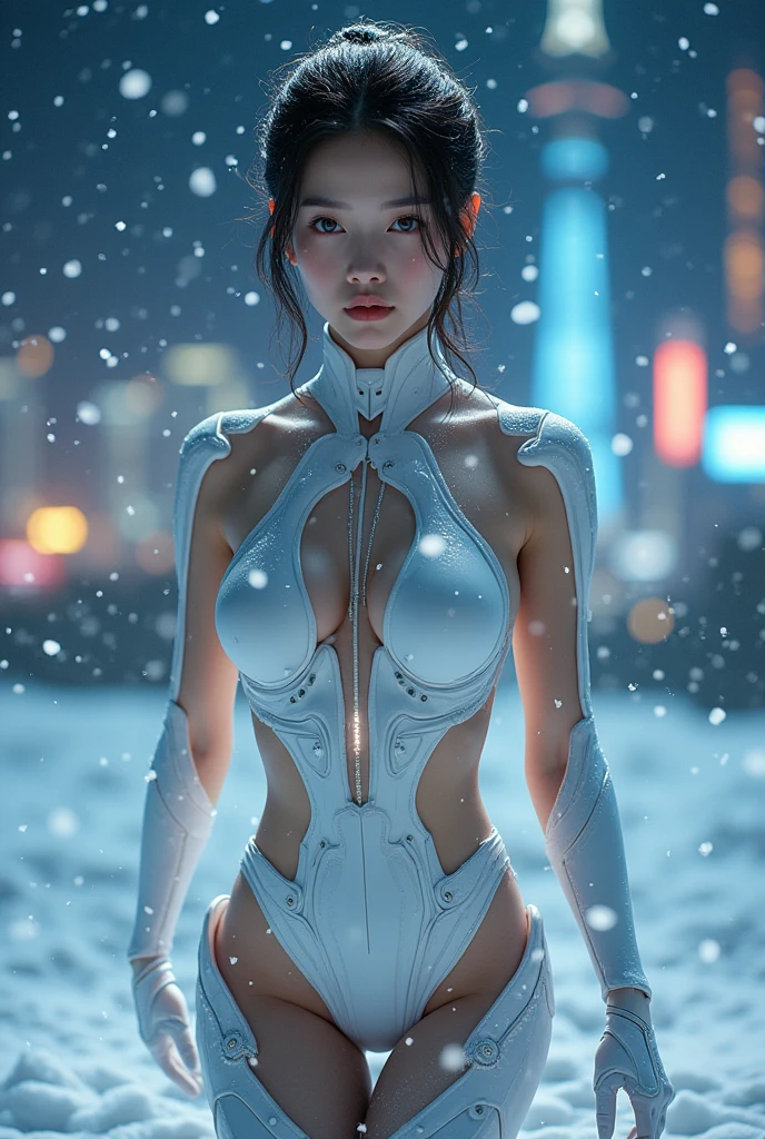 8k Beautiful Asian woman in futuristic clothing, with snow surrounding her body, at night, with a futuristic Tokyo background
