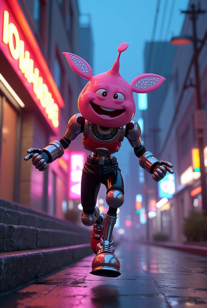 cyberpunk style, cyberpunk style, 3d character, Pixar rendering, cyberpunk style, Dollynho is a character From the Dolly Refrigerantes by Laerte Codonho. (((a soda bottle shaped like a boy))), In the world oF cyberpunk, always smiling broadly, running down the street in one leap, (mechanical members:1.3, cyborg:1.3, LED implants in your arms), (on the sidewalk stairs at night singing karaoke), big shiny shoes with charisma. 50 mm lens, F/2.8, Focused on eyes, natural lighting in a cyberpunk outFit. futurist, dystopian, metallic, neon, neon, dystopian, futurist, Digital, Vibrant, detailded, hight contrast, reminiscent oF cyberpunk genre with charisma. 50 mm lens, F/2.8, Focused on eyes, natural lighting, neon, dystopian, futurist, Digital, Vibrant, detailded, hight contrast, reminiscent oF cyberpunk genre