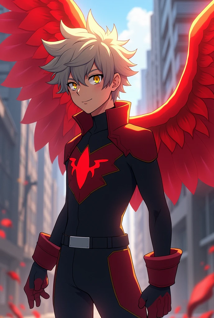 My hero academia template Make a boy with short ash blonde hair, with ashy yellow eyes and a little eyeliner in the tear duct area, make him have red wings