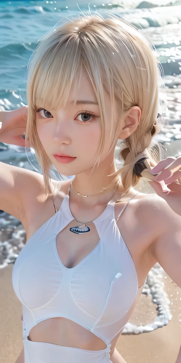 Seawater all over my body，Hairstyle Twin tails Short cut，Blonde gal，White one-piece swimsuit，beach