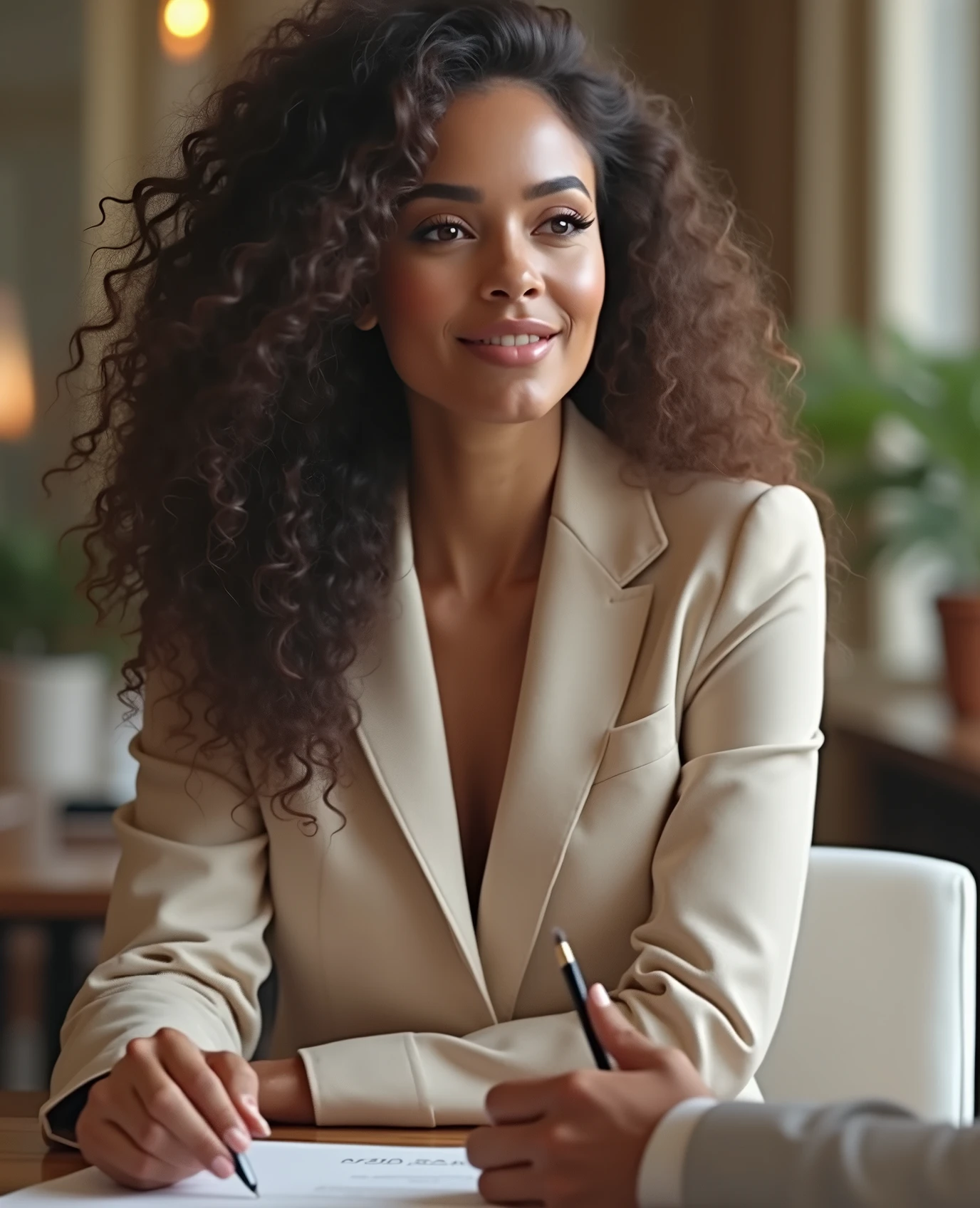 (photorealism:1.2), beautiful woman, curly hair, at a business deal, formal clothes, classy, relaxed pose, realistic, intricate details, warm colors