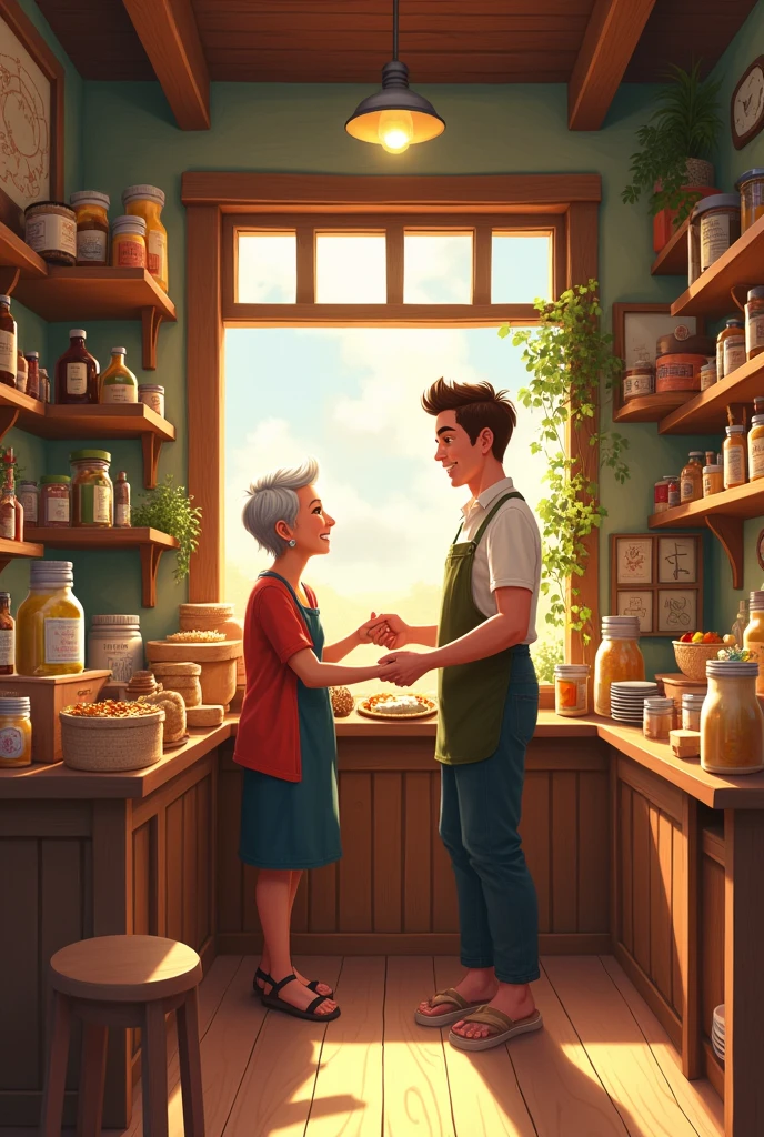 A quaint, inviting shop filled with local products and handmade goods. The interior is warm and cozy, with wooden shelves and rustic décor. Alex stands behind the counter, assisting a cheerful elderly customer. The scene exudes a sense of comfort and simplicity, with sunlight streaming through the windows and casting a golden glow on the wooden floors. the character Alex should be consistent