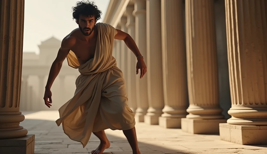 In a 16:9 landscape format, a young Stoic philosopher stumbles in a grand Roman forum, as if the ground beneath him has suddenly shifted. His face shows shock and disbelief, his hand reaching out to steady himself against a nearby column. The philosopher’s tunic, with its shoulder opening, flows dramatically as he tries to regain balance. The background features majestic Doric columns, slightly blurred to keep the focus on his struggle and the emotional upheaval. The entire scene captures the chaos and instability caused by the realization of betrayal.