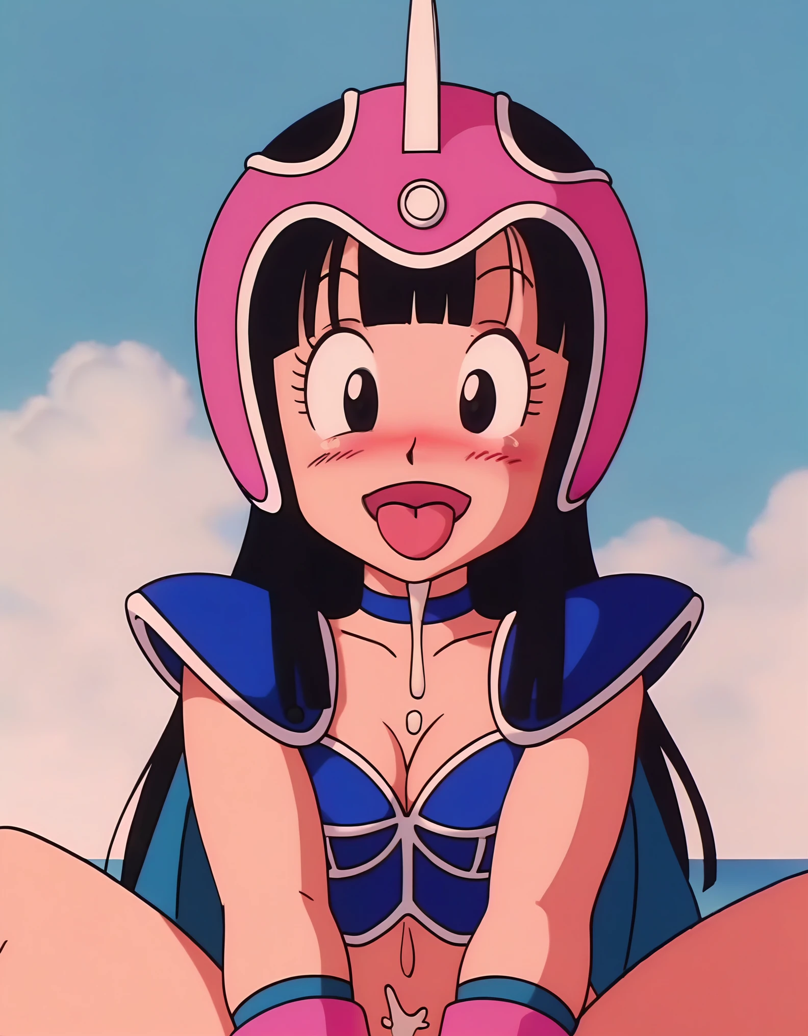 source_anime, score_9, score_8_up, score_7_up, anime screencap,8k, absurdres,
chi-chi, aged down, blue outfit, female , 1girl, 1 big fat old man, long hair, smile, tongue out, spit into the mouth, bangs, black hair, collarbone, upper body, outdoors, sky, pink headwear, blunt bangs, black eyes, helmet, green cape, pauldrons, blue choker, nude, medium ass, medium breasts, tits, blushing, sex, reverse cowgirl, cum, big fat old man 