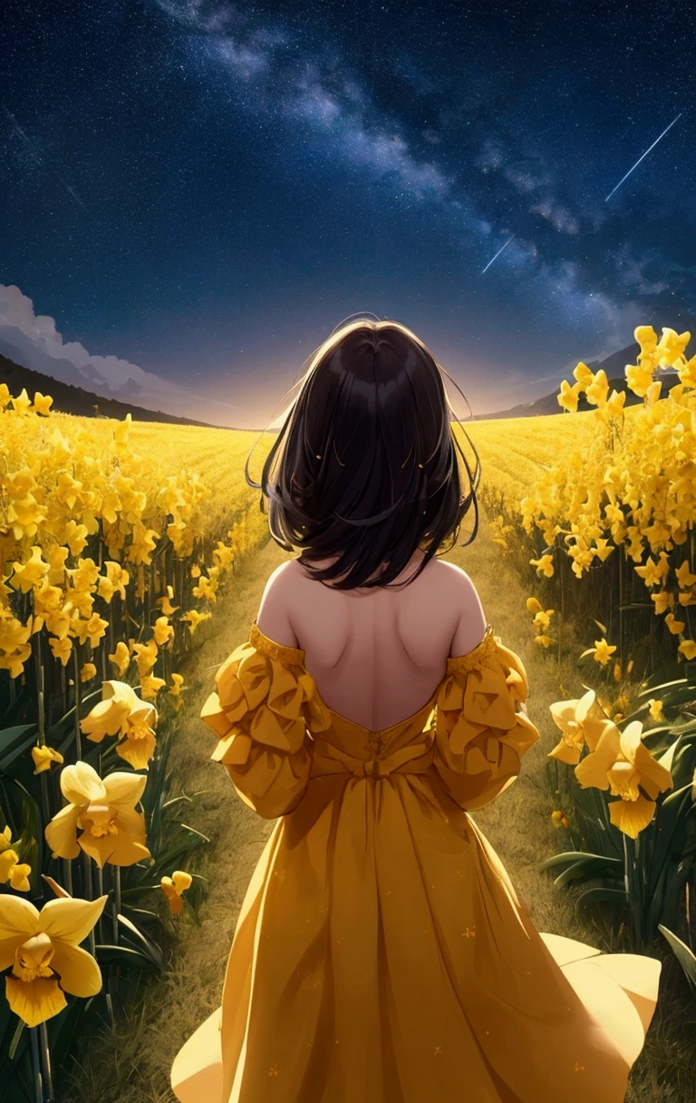 girl from the back (doesn't show face) observes the starry sky over a field of yellow orchids, in the sky the stars form the symbol of the sign Virgo, girl wears amber colored dress that is fluttered by the breeze of the wind, hair in the wind, beautiful night