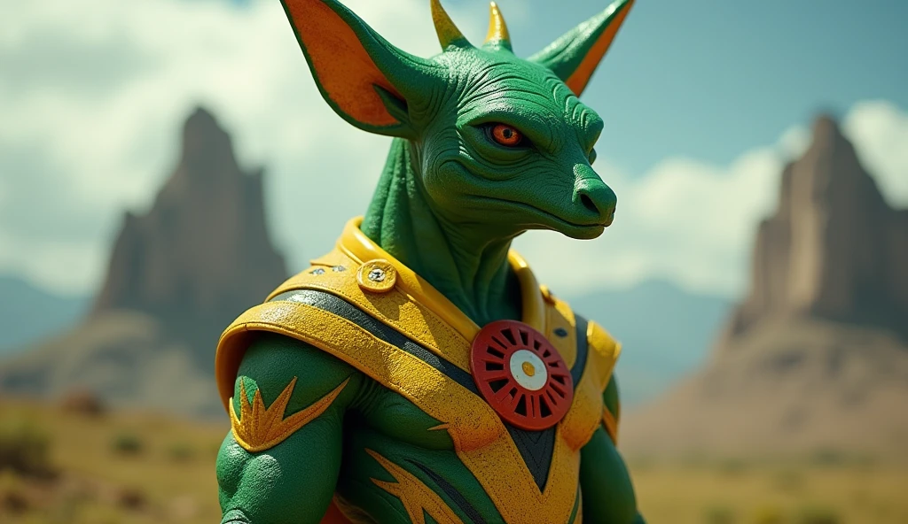 Togo as an african League of Legend creature in striped green and yellow colors with a red detail and a white five-pointed star. Intricated clothing. Cinematic Fantasy sci-fi landscape background