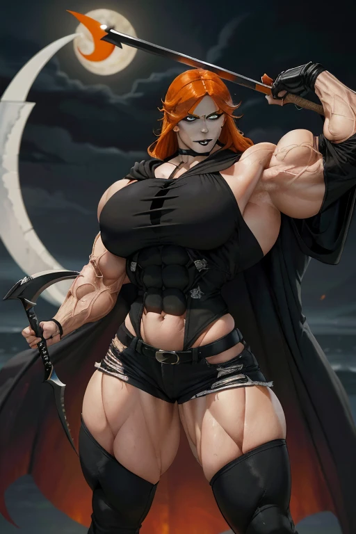 (((Close-up))), tall, (orange hair) beautiful muscular female grim reaper, long shaggy hair, pale white skinned, closed smile, large breast, (black lipstick), (massive muscles), (hyper muscle), ((ginormous bulky muscles)), green eyes, (((black reaper cloak))), (black jeans), ((holding a crescent scythe)), gauntlets, choker, boots, (in a dark realm)