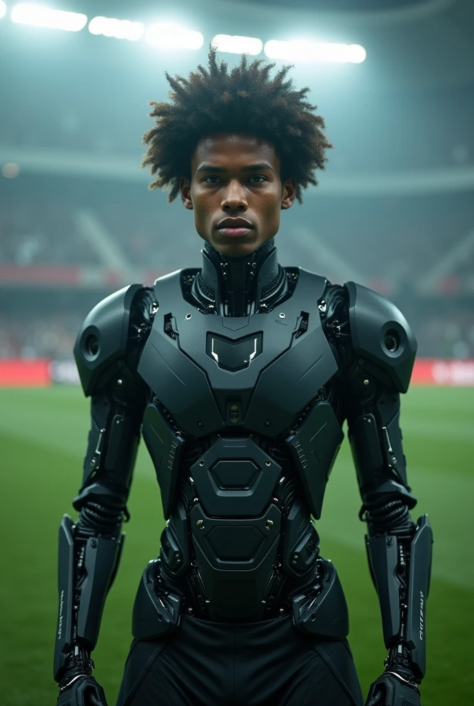 cyborg young man looking to the camera, part of body will be a machine, futuristic, Afro-Portuguese descent man, short afro hair, in soccer stadium, dark green field grass, dim light, (realistic, photo-realistic:1.37), (natural skin texture, hyperrealism, soft light, sharp:1.2), foggy, (detailed:1.1), (high sharpness), photographed by Canon EOS R6, 135mm, 1/1250s, f/2.8, ISO 400,