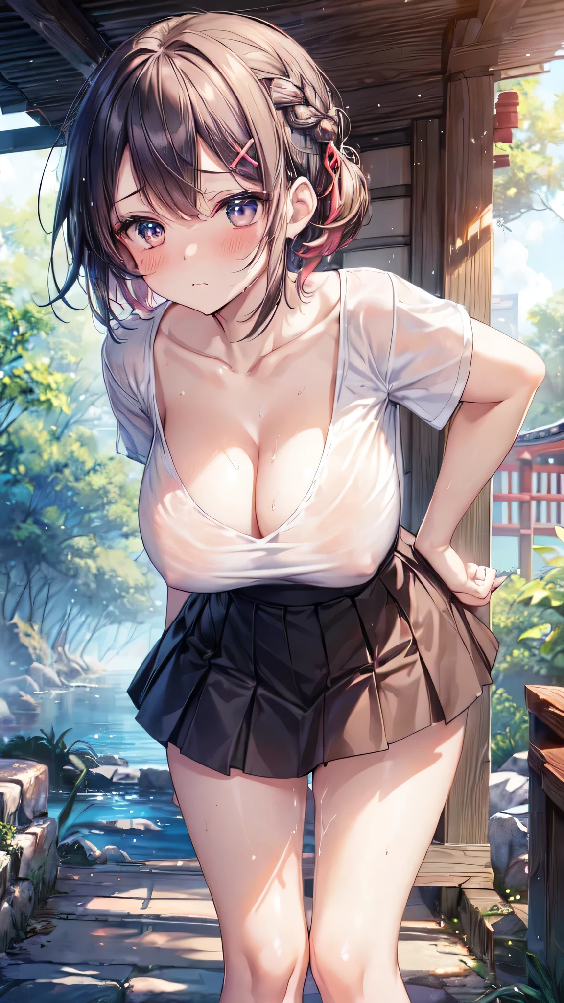 (Ultra-high resolution of the highest quality, masutepiece, Best Quality, 8K, Super Detail, Best Quality:1.3), (anatomically collect:1.3), (Japanese country roads, summer, sunshine:1.3), 1 girl, black hair, (forehead), short hair, side braid, braid, hairclip, (large breasts:1.6), (drooping eyes), (blush cheek, blush body:1.4), (loose white t-shirt, skirt:1.6), front view, Extremely cute, (extremely detailed beautiful face), (Hyper-realistic, Photorealsitic:1.4), Authentic skin texture, beautiful hair, beautiful face, beautiful eyes, beautiful body, beautiful hands, (knees to chest:1.2), (sexual aroused, sexual pleasure, orgasm:1.6), (clothed:1.8), (face focus, cleavage breasts focus:1.3), (sweat:1.2), (leaning forward:1.6)