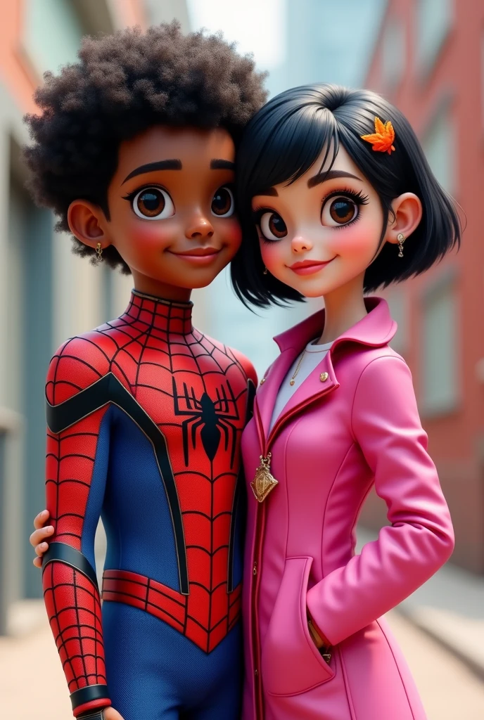 A couple where the boy is dark-skinned, with glasses, curly hair and thin., Spiderman dress and the girl has light skin, Short black hair with orange tips, dressed in pink