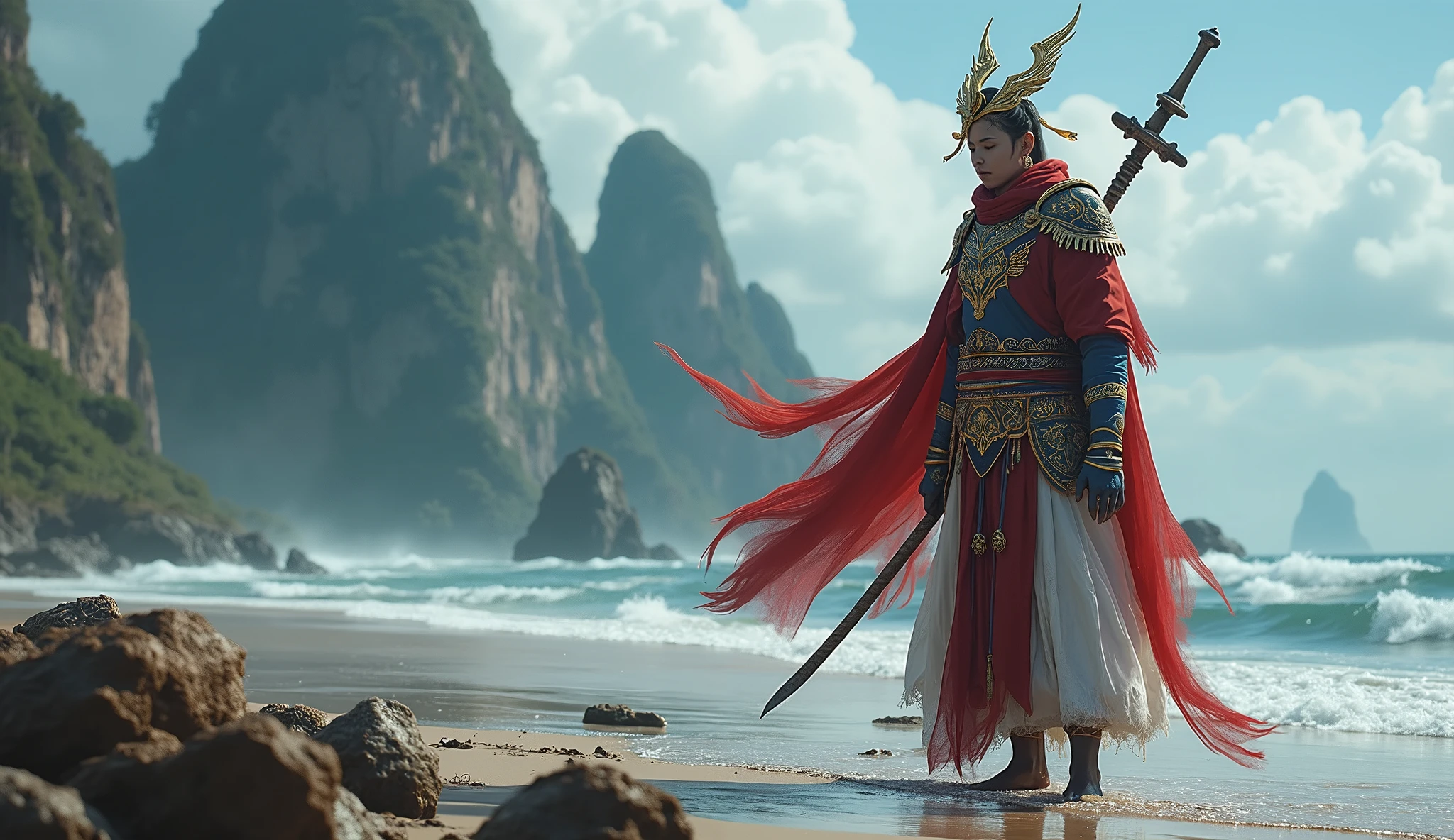 Thailand as a shore asiatic imperialist League of Legend creature in red, blue and white colors. Intricated clothing. Cinematic Fantasy sci-fi landscape background