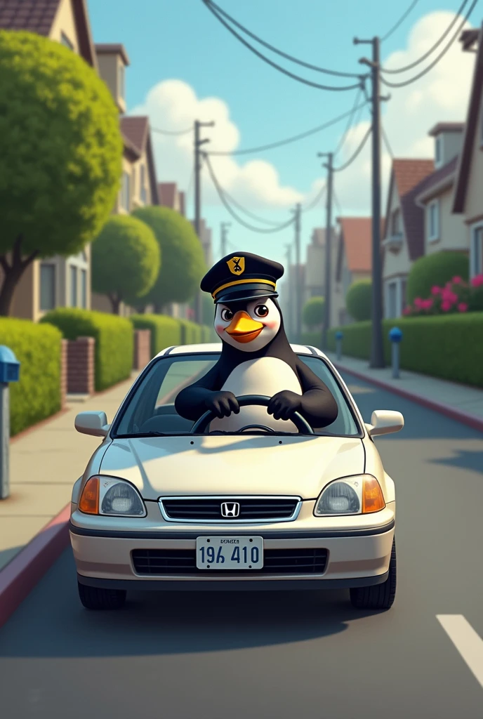 A penguin driving a 1998 Honda Civic sedan