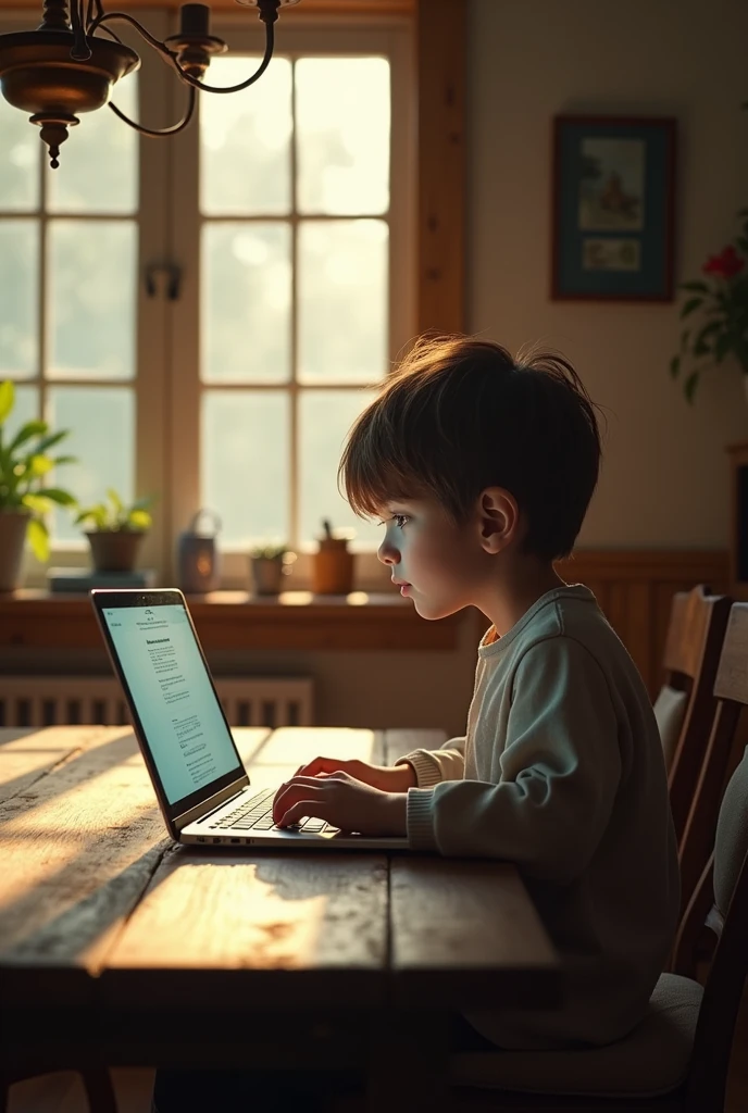 old child on laptop in dining room
