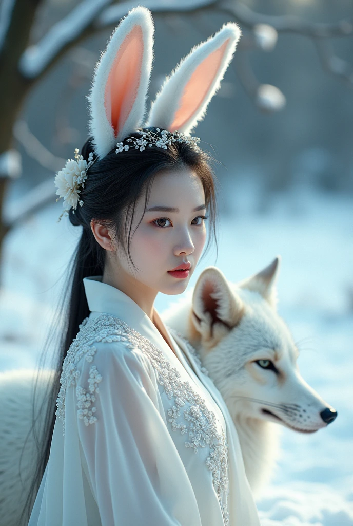 Woman white as snow, red lips , gorgeous, Chinese ancient white garment, bunny ears, white fox, moonlight, ultra high resolution, 8k, 3d
