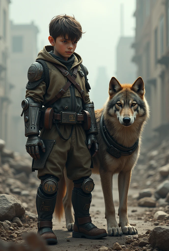 Generate a boy with her friend wolf cybord body.
Like from war
With clear and not hidden print "GLEN"
make more realistic