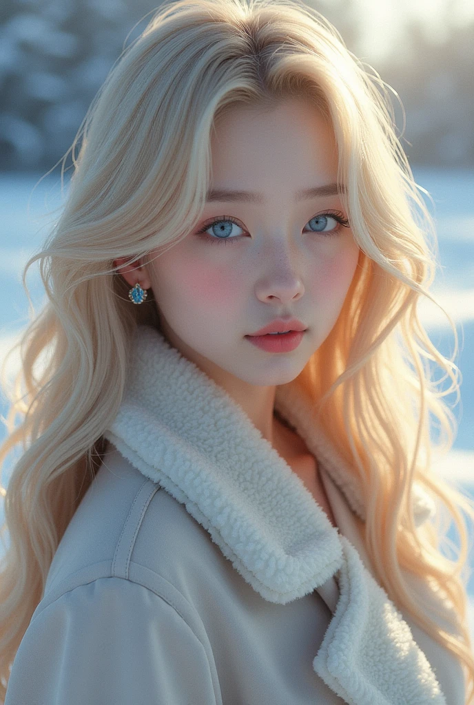 Winter by AESPA, blonde long hair, blue eyesBreasts, High resolution, Long hair, open mouth, blue eyes, simple background, blond hair, wavy hair,