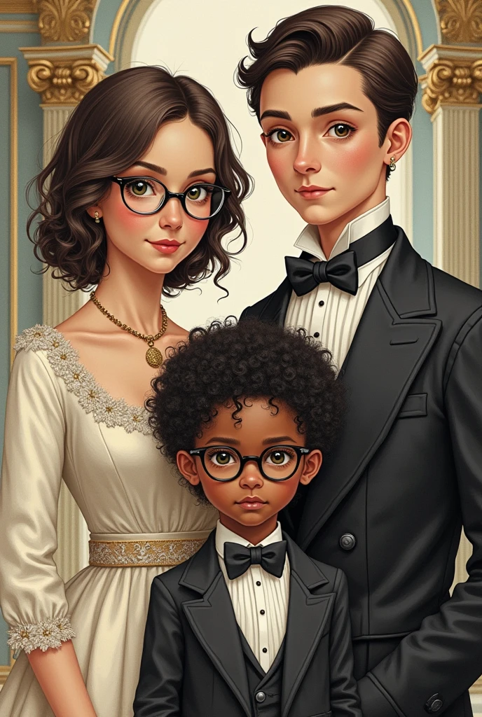 Victorian style illustration of a white couple, Black curly haired boy with glasses next to a straight haired girl with glasses