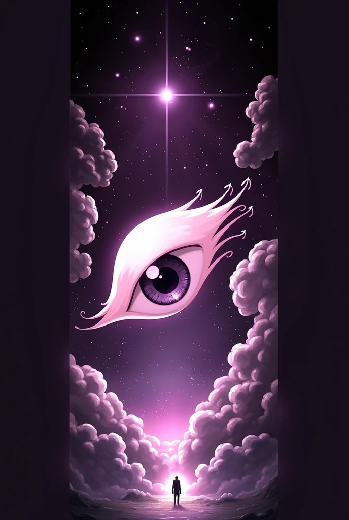 ((Best Quality)), ((masterpiece)), ((detailed)), ((High Definition)). A playful eye in the sky in anime style, emits an evil and supernatural energy. It's chilling, Proboca cosmic terror. The lighting is poor, giving a terrifying atmosphere, and intimidating. It's the cover of a novel.