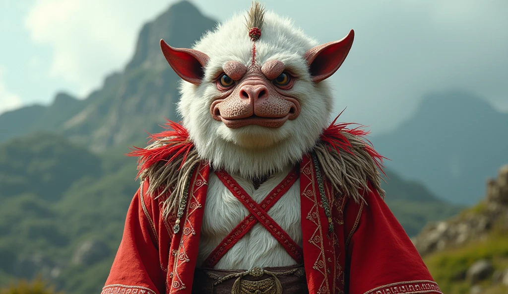 Tonga as an oceanic League of Legend maori warrior creature in red and white colors with a red cross. Intricated clothing. Cinematic Fantasy sci-fi landscape background