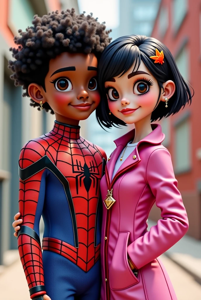 A couple where the boy is dark-skinned, with glasses, curly hair and thin., Spiderman dress and the girl has light skin, Short black hair with orange tips, dressed in pink