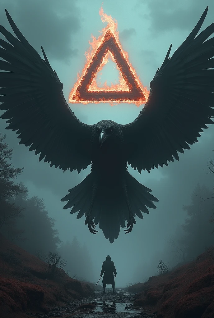 A big black bird, the clawed paws from which blood drips, fly low; in front of him, a triangle, as if suspended between heaven and earth, whose edges are surrounded by light flames that burn without consuming it.