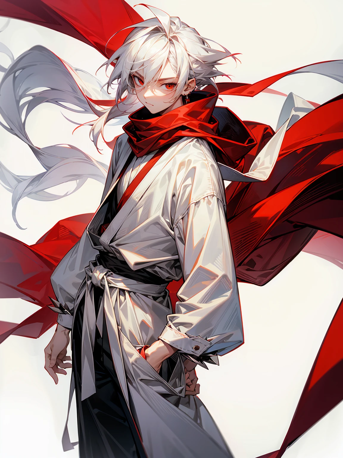 1male, Adult, Long White Hair, White Baggy Long Sleeve Shirt, Baggy Black Pants, Red Eyes, Red Scarf, Earring, Masculine, Spikey Hair, White Sash Around Waist