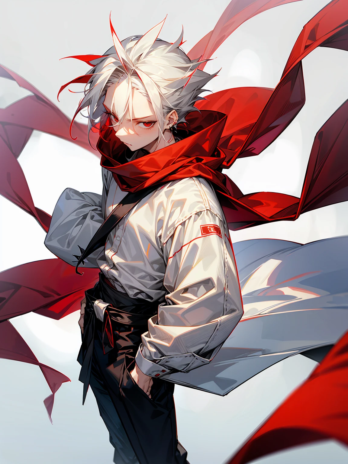 1male, Adult, Long White Hair, White Baggy Long Sleeve Shirt, Baggy Black Pants, Red Eyes, Red Scarf, Earring, Masculine, Spikey Hair, White Sash Around Waist