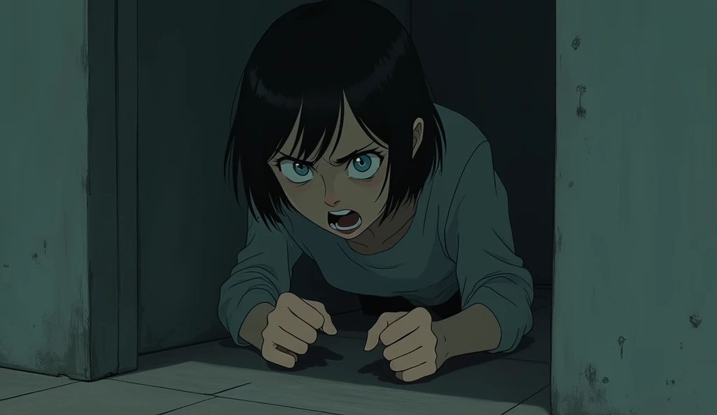 A tense scene of a young woman huddling in the corner of a room, pressed against the wall in fear. Her face should clearly express intense terror, with wide eyes and a trembling expression. The focus should be on the stark portrayal of her fear and anxiety. The art style should embody the detailed and emotional characteristics of Studio Ghibli, highlighting her fearful expression and the overall atmosphere of the scene.