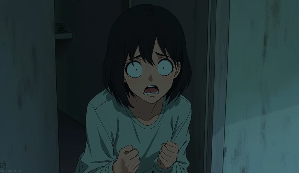 A tense scene of a young woman huddling in the corner of a room, pressed against the wall in fear. Her face should clearly express intense terror, with wide eyes and a trembling expression. The focus should be on the stark portrayal of her fear and anxiety. The art style should embody the detailed and emotional characteristics of Studio Ghibli, highlighting her fearful expression and the overall atmosphere of the scene.