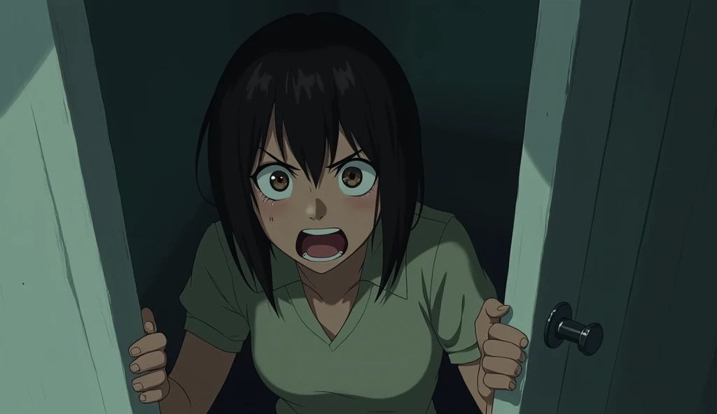 A tense scene of a young woman huddling in the corner of a room, pressed against the wall in fear. Her face should clearly express intense terror, with wide eyes and a trembling expression. The focus should be on the stark portrayal of her fear and anxiety. The art style should embody the detailed and emotional characteristics of Studio Ghibli, highlighting her fearful expression and the overall atmosphere of the scene.