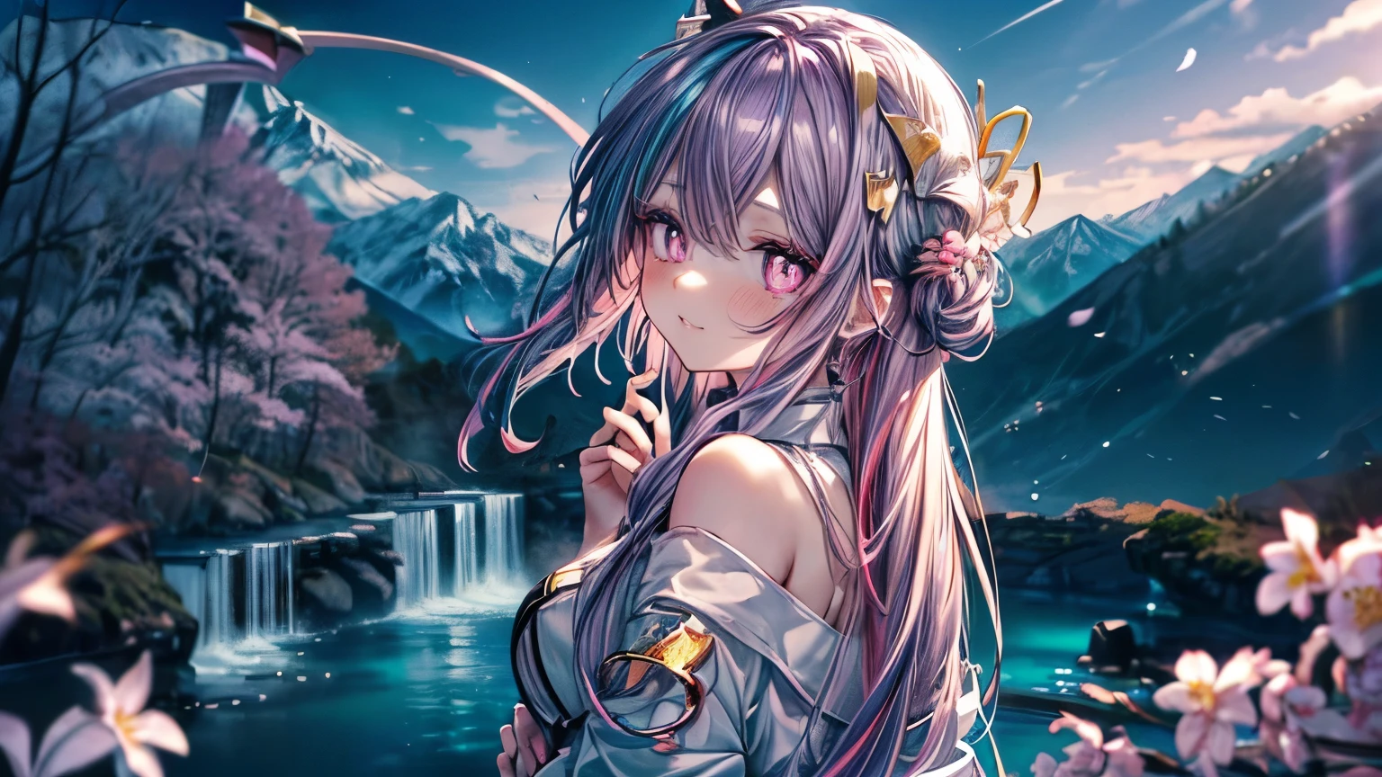 (overhead view), beautiful anime woman illustration, 1girl, (masterpiece, best quality, ultra-detailed), sharp focus, detailed face, extremely detailed eyes, face focus, long hair, criss-crossed bangs, hair over shoulder, purple hair, (teal streaked hair:1.3), pink gradient eyes, (magatama shaped pupils:1.5), long eyelashes, small smile, medium breasts, peach blossom hairpin, ((colors of clothing: white, red, gold, with purple accents)), ((looking back over shoulder, hands clasped behind back, mountain waterfall background, breeze, peace blossoms)), cinematic lighting, rim lightning, ray tracing, shadowing, dynamic angle