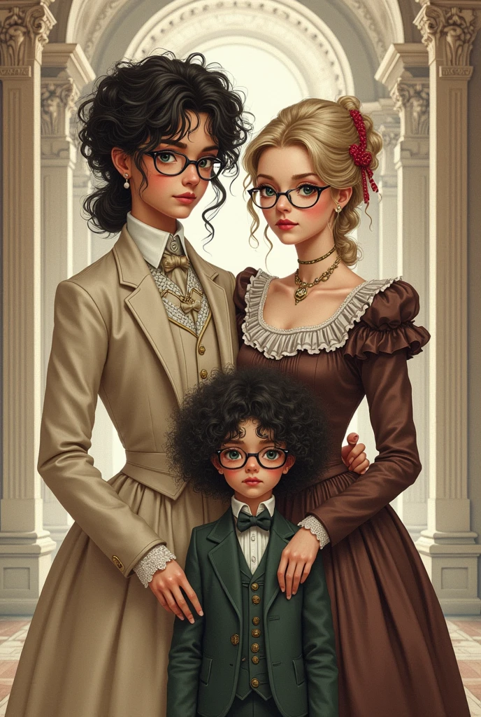 Victorian style illustration of a white couple, Black curly haired boy with glasses next to a straight haired girl with glasses 