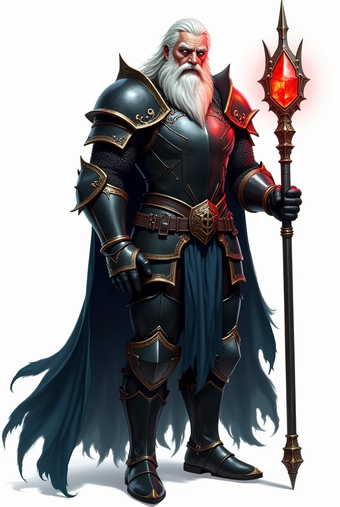 Char set, sprite, knight in black metal armor. blue colored eyes, Caucasian skin, white hair and beard, high qualiy, white background , naughty man, aged 50 ,big fit ass, Front side and back, peitos big fit asss, whole body, staff with red fire gem long metal handle
