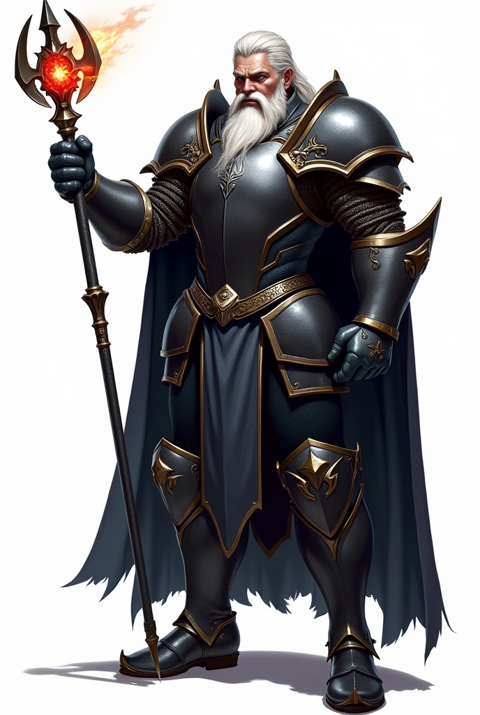 Char set, sprite, knight in black metal armor. blue colored eyes, Caucasian skin, white hair and beard, high qualiy, white background , naughty man, aged 50 ,big fit ass, Front side and back, peitos big fit asss, whole body, staff with red fire gem long metal handle