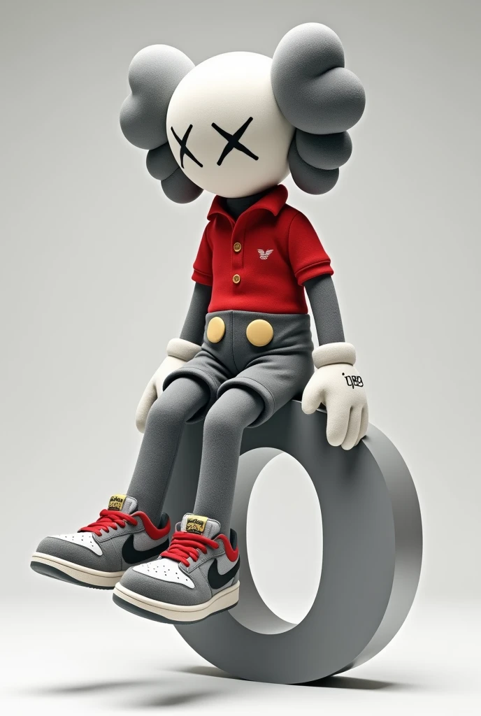 A shot of a gray Kaws style plushie of a seated figure with one leg raised. The figure is sitting sideways and has a large X on the chest. He is dressed in a red and white polo shirt and a pair of Nike sneakers. The background is simple. Sentado encima de la letra "o" del logo " TU ESTYLO" , TU
ira encima de tu estylo mirando hacia la izquierda en posición de lado elegante