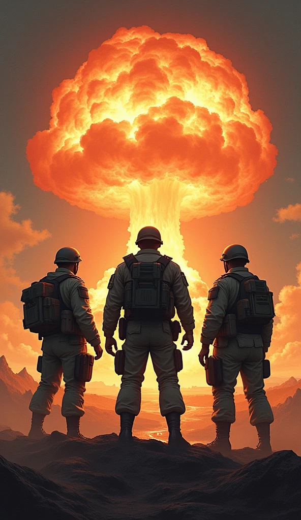 a poster of three soldiers in front of a nuclear explosion, conflict, fighting, album art, war-art style, offcial art, game cover, front cover of a new video game, promo art, Simpsons, comfort, cena de fightinge, splash art brawlstars, conceptual artwork, album cover!, very coherent stylized artwork, official fanart