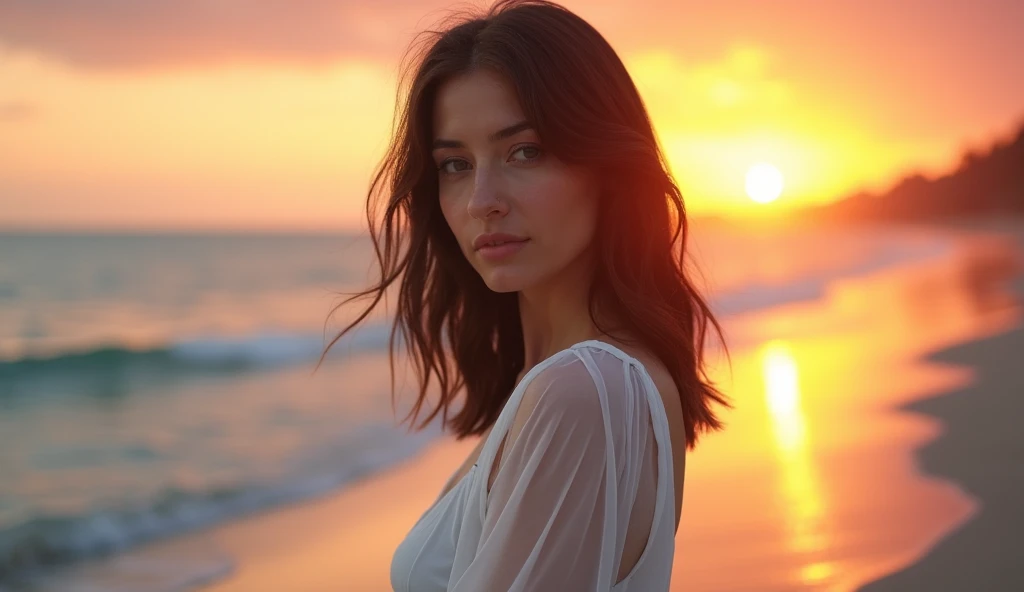 Femme de face brune bord de plage tenu blanche couché de soleil qui pose pour photo insta