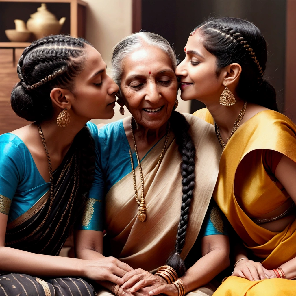 three indian eldery,mature,younger huththige kello  in sarees at luxerius cozy items sorrounded cozy home,their black 10 numbers of french braids 100 liters of oil poured over their hairs making slick shinning like mirrors,each of the french braids highly visible seperately,tongues are highly visible,kissing