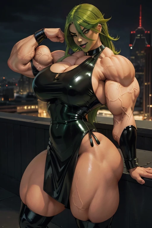 ((Close-up)), tall, (green hair) beautiful muscular woman, long curvy hair, light brown skinned, closed smile, large breast, (black lipstick), (massive muscles), (hyper muscle), ((ginormous bulky muscles)), orange eyes, (((latex black dress))), latex bracelets, choker, boots, on the rooftop at night,