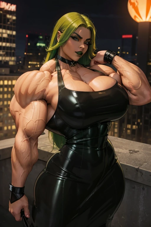 ((Close-up)), tall, (green hair) beautiful muscular woman, long curvy hair, light brown skinned, closed smile, large breast, (black lipstick), (massive muscles), (hyper muscle), ((ginormous bulky muscles)), orange eyes, (((latex black dress))), latex bracelets, choker, boots, on the rooftop at night,