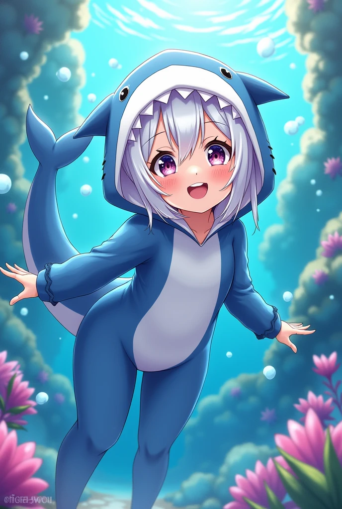 A girl with white hair (dressed as a shark anime version)