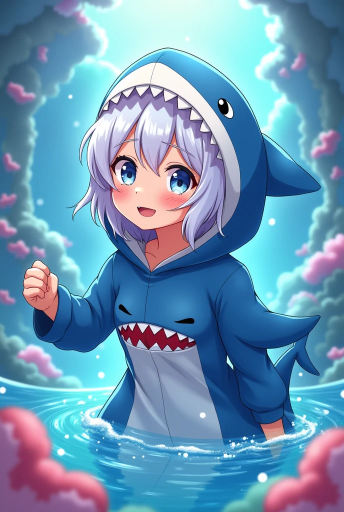 A girl with white hair (dressed as a shark anime version)