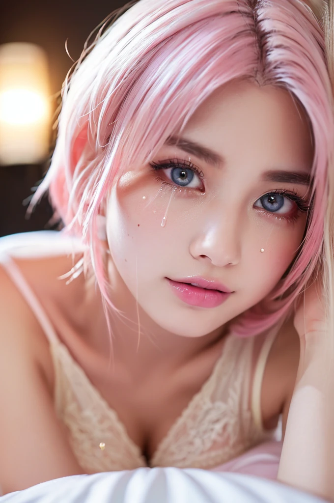 8k, RAW photo, best quality, masterpiece:1.2), (realistic, photo-realistic:1.4), (extremely detailed 8k wallpaper), japanese 20 age woman,Ultra-detailed cute face, Detailed eyes, Double eyelid,SEXY lingerie, full body,( Huge breasts :1.2,(pink hair ),Tears mole),lying on the bed,cute hair,