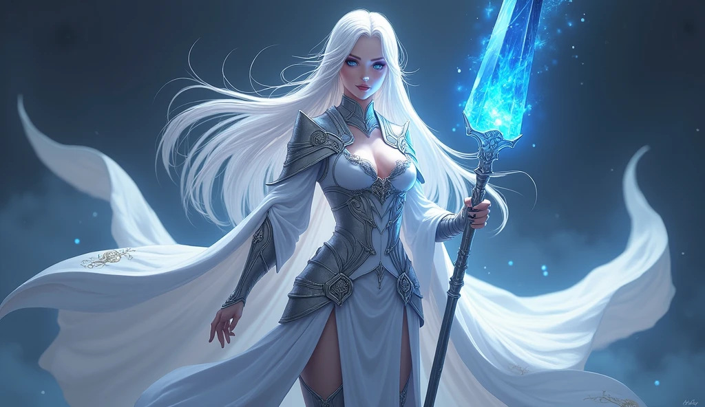 Anime Character Description: Lyara Velaris Physical Appearance:

Lyara Velaris is a woman of ethereal beauty, with features that seem almost supernatural, reflecting the magic of the world around you. she is tall and slender, with a graceful posture that exudes confidence and power. Your hair is long, smooth and silver, cascading down to the waist, shining as if they were made of the moon&#39;s own light. Your eyes are deep blue, like the ocean on a stormy night, with a glow that suggests both wisdom and mystery. your skin is pale, almost translucent, and seems to glow in the light, as if surrounded by a magical aura. She wears a white and silver cloak, adorned with ancient symbols of protection and power, that floats around you, giving it an almost divine appearance. Below the mantle, his light armor of reinforced silver plates, adjusted to your body, provides a perfect combination of protection and mobility. In your right hand, she carries a blue crystal staff, which is both a weapon and a channel for his immense magic.

Personality and Behavior:

Lyara is a character of immense magical power, known for her wisdom and tranquility. She is a powerful magician, specialized in elemental magic and healing, but she is also a cunning strategist, able to see beyond the obvious and anticipate enemy movements. Unlike Rudeus, who carries the weight of his past and his internal battles, Lyara is a figure of serenity and balance. She is calm under pressure, confident in their abilities, and your presence brings a sense of security and stability, not just for Rudeus, but for everyone around you. however, Lyara is not just a supporting figure; she has her own ambitions and mysteries, a woman who, although it always seems controlled, keeps secrets that he has not yet revealed even to Rudeus. She shares a deep bond with him, being both a loyal ally and an advisor. There is a silent chemistry