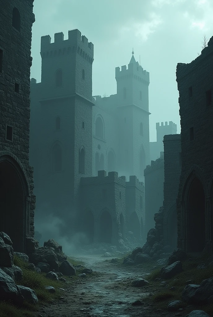 Dark images of a medieval city, with ruins and silence. Colors in shades of gray and dark blue.