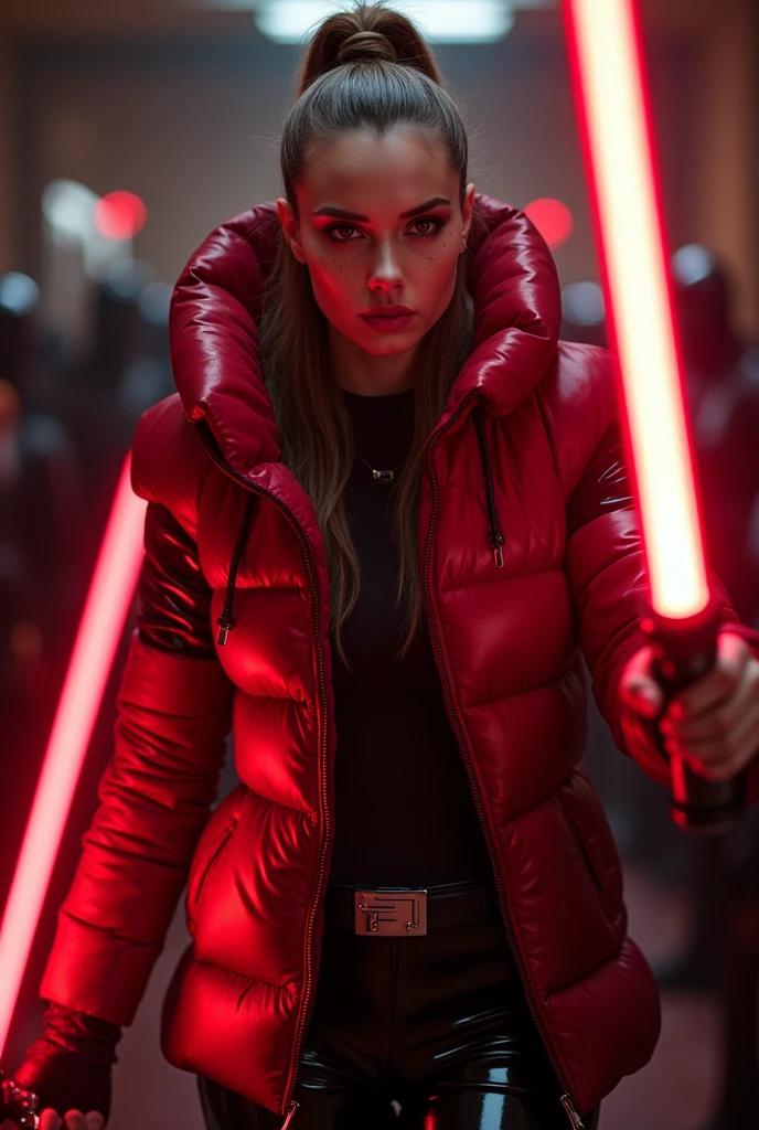  a slim ponytail  angry sith wielding her bright lightsaber, she is walking in room full of jedi,beautiful detailed bright red-colored eyes,beautiful freckles,beautiful detailed lips,extremely detailed eyes and face,longeyelashes, wearing beautiful detailed skintight airtight covering-head hooded armored formfitted duvetica overfilled overinflated shiny hyper gleamy  thick hyper glossy puffervest covering  her padded high-collared sealed pufferjacket, glossy latex  leggings,symmetrical,masterpiece,cinematic,lifelike,hyperrealistic,8k,photorealistic,highly detailed,intricate,exquisite,elegant,beautiful,stunning